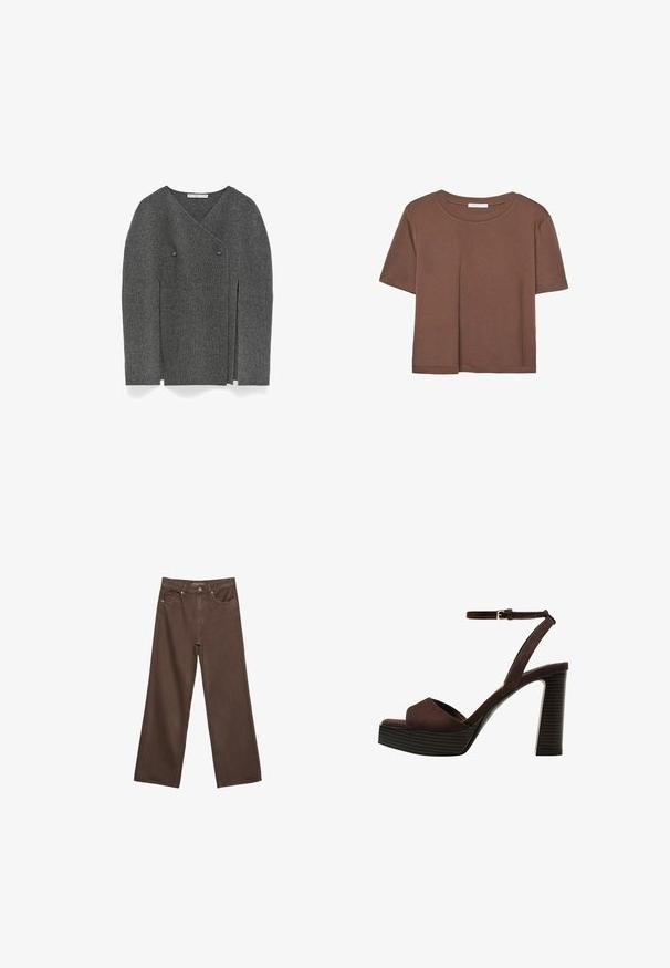 Ciemnoszara, prążkowana kardiganka z asymetrycznym przodem, dwiema guzikami i długimi rękawami, ułożona na białym tle.; Brązowa koszulka z krótkim rękawem, wykonana z miękkiego materiału, z okrągłym dekoltem i luźnym krojem. Brak widocznych wzorów lub akcentów.; Szerokie brązowe dżinsy wykonane z denimu, z wysokim stanem, przednimi kieszeniami i klasycznym zapięciem na guzik. Gładka faktura z subtelnym przeszyciem.; Brązowe zamszowe sandały na wysokim obcasie z odkrytymi palcami, regulowanym paskiem na kostce i paskowatą podeszwą.