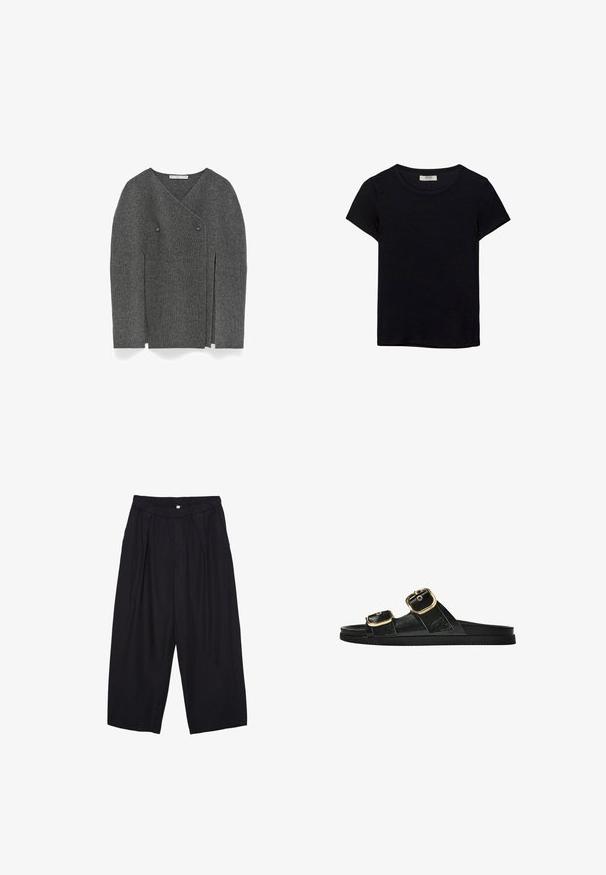 Dunkelgraue gerippte Strickjacke mit asymmetrischer Vorderseite, zwei Knöpfen und langen Ärmeln, flach auf weißem Hintergrund ausgelegt.; Schwarzes kurzärmeliges T-Shirt aus weichem Stoff. Mit klassischem Rundhalsausschnitt und lockerer Passform. Keine Muster oder Akzente sichtbar.; Schwarze Polyester-Culotte mit einem elastischen Bund, zwei vorderen Falten und einer lockeren Silhouette. Keine sichtbaren Muster oder Hardware-Details.; Schwarze Riemensandale mit zwei goldenen Schnallendetails, glattem Material, flachem Sohlen und minimalistischer Gestaltung.