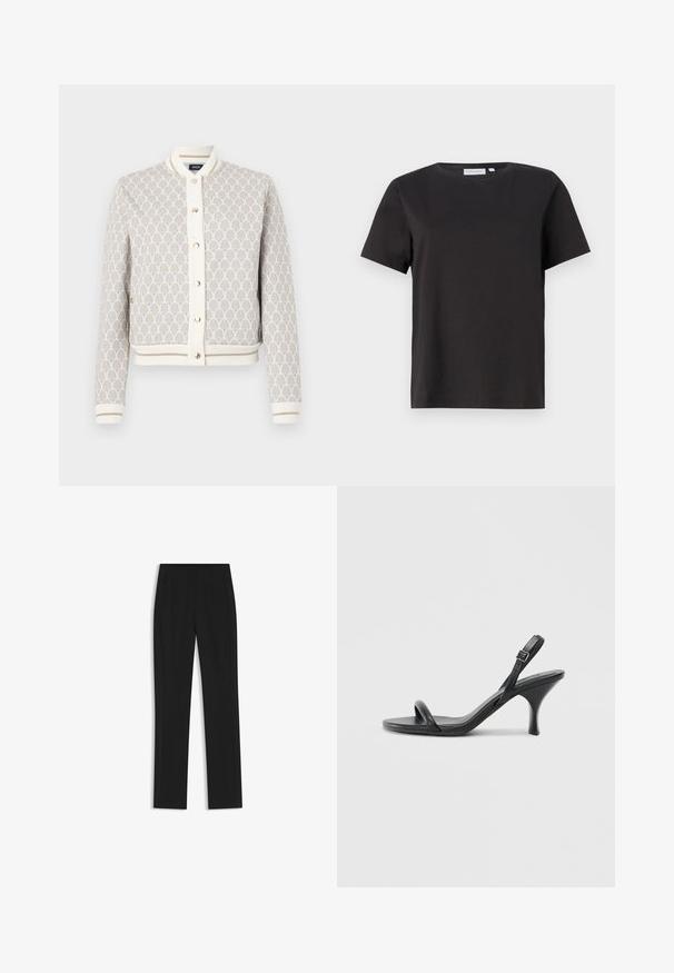 Leichte, gemusterte Bomberjacke in Creme und Beige mit blauen Akzenten. Verfügt über einen gerippten Kragen, Bündchen und eine Knopfverschluss.; Schwarzes Baumwoll-T-Shirt mit kurzen Ärmeln, Rundhalsausschnitt und einem einfachen, klaren Design. Keine sichtbaren Muster oder Verzierungen.; Schwarze maßgeschneiderte Hose mit geradem Bein, ausgestattet mit Fronttaschen und einem glatten, strukturierten Stoff. Saubere, minimale Details.; Schwarze Leder-Sandalen mit hohen Absätzen, schlankem, gebogenem Absatz und gekreuztem Riemendesign. Verstellbarer Knöchelriemen. Glatte Textur.