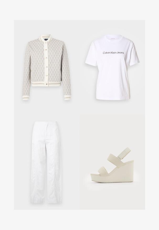 Veste bomber légère à motif en crème et beige avec des accents bleus. Comprend un col côtelé, des poignets côtelés et une fermeture à bouton.; T-shirt en coton blanc à manches courtes, avec le texte noir "Calvin Klein Jeans" sur le devant. Design à encolure ras du cou, texture douce.; Pantalons larges blancs en tissu léger, présentant une texture lisse, des lignes épurées et une taille haute.; Sandales à talon compensé beige avec deux larges sangles et un talon effilé. Fabriquées en tissu lisse avec une semelle texturée. Logo embossé sur le talon.