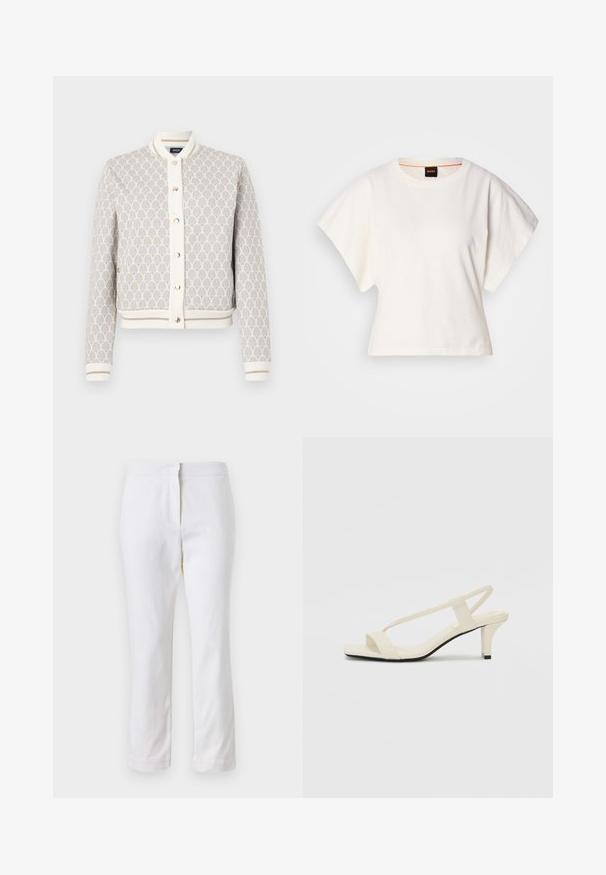 Lagani bomber jakna s uzorkom u krem i bež boji s plavim akcentima. Ima rebrasti ovratnik, manšete i kopčanje na dugme.; Bijeli skraćeni T-shirt, široke kratke rukave, mekani pamučni materijal, okrugli izrez s suptilnim narančastim detaljem, minimalistički dizajn, bez uzoraka ili grafika.; Bijele pamučne hlače ravnog kroja, sa strukom srednje visine i bez vidljivih metalnih dijelova ili uzoraka. Glatka tekstura kroz cijelu dužinu.; Bež sandale na blok petu s tankim remenčićima i kvadratnim vrhom. Glatki materijal s minimalnim detaljima, dizajnirane za jednostavno nošenje.