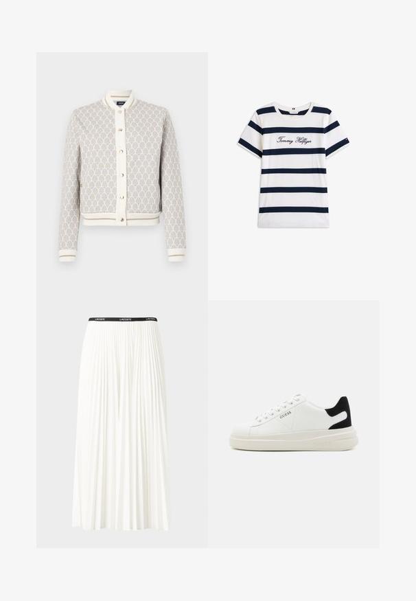 Dunne, gestreepte bomberjack in crème en beige met blauwe accenten. Beschikt over een geribbelde kraag, manchetten en knoopsluiting.; Katoenen T-shirt met horizontale marineblauwe strepen op een witte achtergrond. "Tommy Hilfiger" geborduurd in cursieve letters op de borst. Ronde hals.; Plisséminirok in het wit met een zwarte elastische tailleband met het "LACOSTE"-logo. Middellange ontwerp met een zachte textuur.; Witte leren sneakers met een dikke witte zool, zwarte suède hielaccent en een geperst logo op de zijkant. Vetersluiting met zes oogjes.