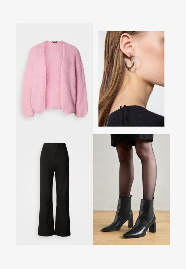 Cardigan en tricot rose avec une coupe ample, un devant ouvert et des épaules tombantes. Texture douce, avec des détails de poignets et d'ourlet côtelés.; Débardeur noir en tissu doux et extensible. Il dispose d'un col rond et de larges bretelles, avec une silhouette ajustée et une texture lisse.; Pantalons noirs à jambes larges avec une texture lisse, taille haute et un design épuré. Pas de poches visibles ni d'embellissements.; Bottines en cuir noir avec un bout pointu, un talon carré épais et un design élégant. Présente des panneaux latéraux élastiques pour un enfilage facile.; Boucle d'oreille en argent avec une finition polie, présentant de petits détails en or et de forme ronde, portée sur le lobe.