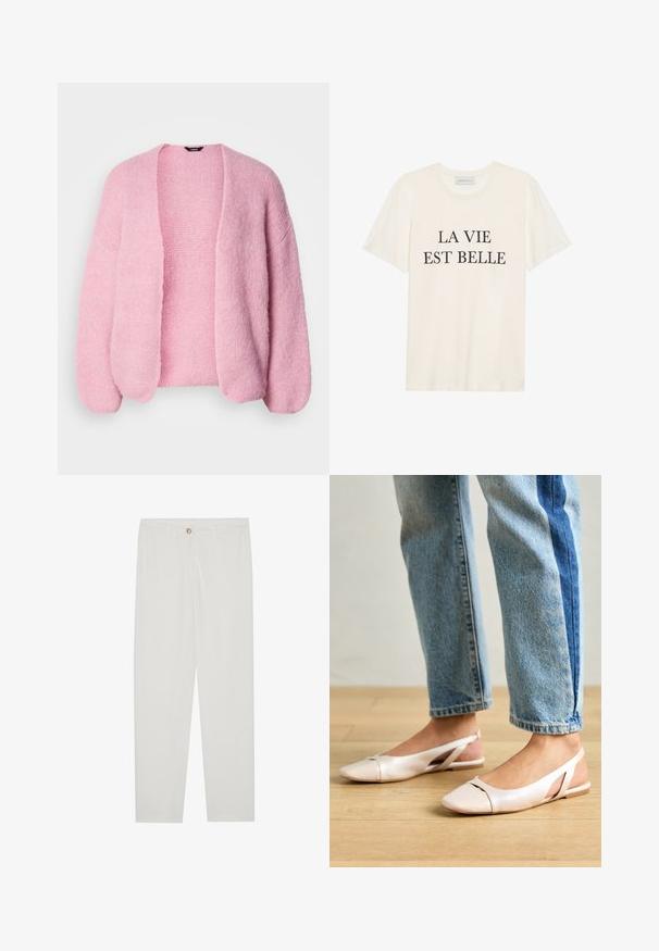Rosa stickad cardigan med lös passform, öppen front och sänkta axlar. Mjuk textur, ribbade ärmslut och nederkant.; Krämfärgad bomulls-T-shirt med korta ärmar och rund halsringning. Har svart text "LA VIE EST BELLE" centrerad på framsidan.; Vita, skräddarsydda byxor med rak benform, med knappstängning, bältesslingor och sidofickor; mjuk tygtextur.; Ljust rosa slingback-lägenheter med spetsig tå, tillverkade av ett slätt läderliknande material. Har utskurna detaljer på sidorna och en platt häl.
