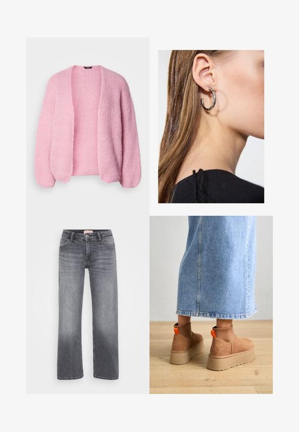 Rózsaszín kötött kardigán laza szabással, nyitott elülső résszel és süllyesztett vállakkal. Puha textúra, bordázott mandzsetták és szegély részletek.; Even&Odd Petite 2 PACK - Felső - light grey/black; Szürke farmernadrág egyenes szárú dizájnnal, öt zsebes stílussal, enyhe kopással, és gombos derékzárral.; Barna velúr platform csizmák elasztikus oldalsó panelekkel és narancssárga húzófülekkel, amelyek egy térdközépig érő világoskék farmer szoknyával vannak párosítva egy fás padlón.; Ez egy ezüst fülbevaló, sima felülettel, amelyen apró arany díszítőelemek találhatók. Kerek formájú és a fülcimpán viselik.