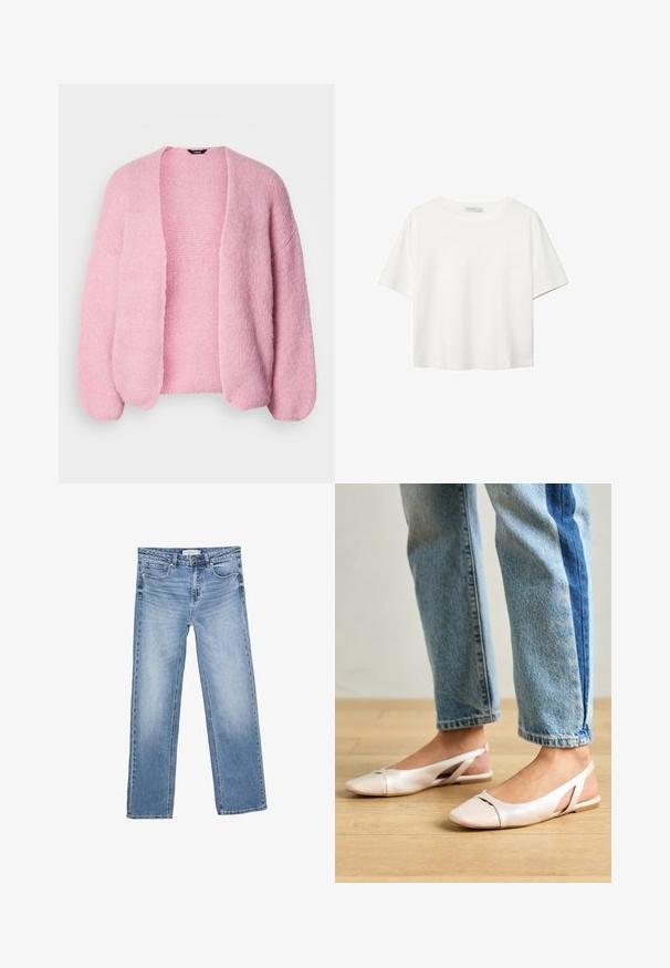 Ružový pletený kardigán s voľným strihom, otvoreným predným dielom a spustenými ramenami. Mäkká textúra, rebrované manžety a detaily na leme.; Biela krátkopsová tričko vyrobené z bavlny. Má okrúhly výstrih a voľný strih. Hladká textúra bez viditeľných vzorov alebo akcentov.; Rovné modré denimové džínsy s vyblednutým umývaním, piatimi vreckami a klasickým zapínaním na gombíky. Bavlnený materiál s viditeľným šitím.; Svetloružové slingback baleríny s jemne špicatou špičkou, vyrobené z hladkého materiálu pripomínajúceho kožu. Majú výrezové detaily na stranách a plochý opätok.