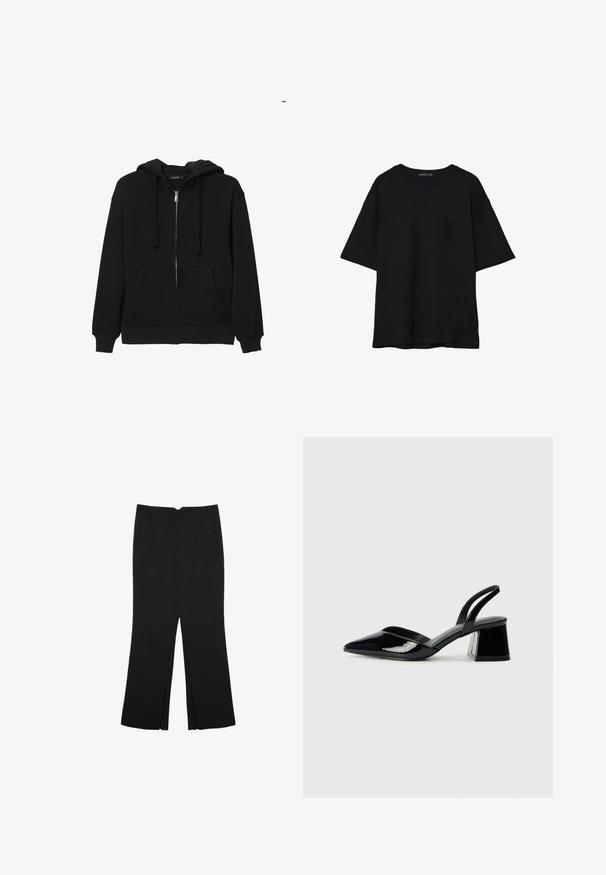 Felpa nera con zip realizzata in misto cotone. Presenta un cappuccio con lacci, tasche frontali, polsini a costine e una texture liscia.; T-shirt in cotone nero con vestibilità rilassata, maniche corte, scollatura arrotondata e una texture liscia. Nessuna trama o accento visibile.; Pantaloni neri a gamba dritta, con tasche frontali e spacchi laterali all'orlo. Realizzati in tessuto morbido e liscio. Adatti a diverse occasioni.; Décolleté in vernice nera con punta affusolata e tacco in geometria cubica. Presentano un design elegante e minimalista, con una texture liscia.