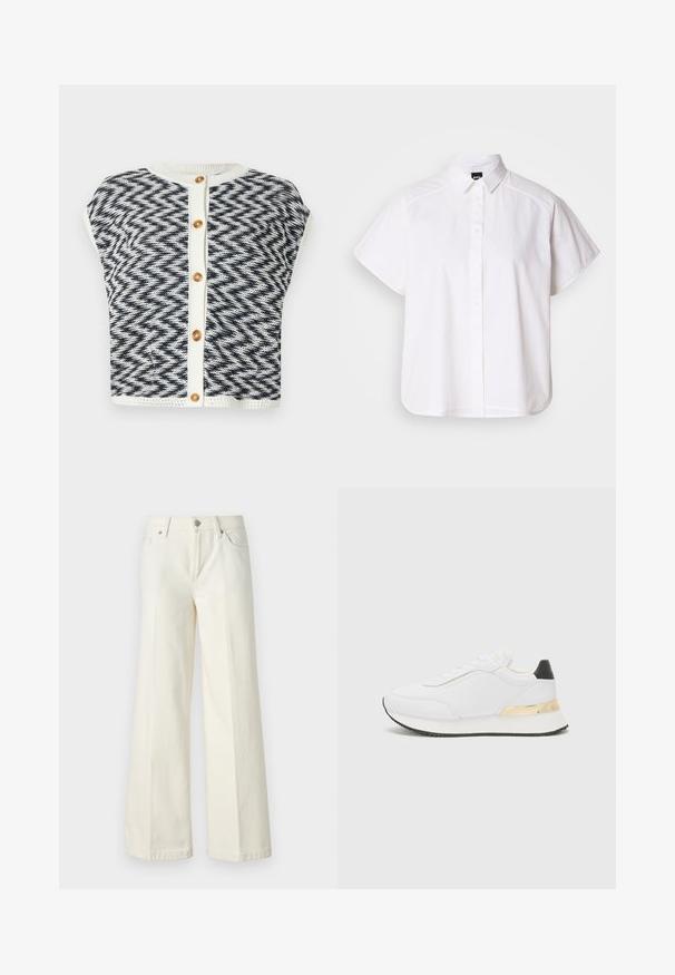 Kootud kardigan herringbone mustriga, tumesinise ja kreemika värviga. Omab lühikesi varrukaid, ümarat kaelust ja kuldset nööpkinni.; Valge lühikeste varrukatega nööpidega särk, millel on terav krae ja kõver hems. Valmistatud puuvillast, millel on sile tekstuur ja nähtamatud mustrid.; Laiad valged teksad, mis on valmistatud puuvilla segust. Omavad lukuga eesmist sulgemist, viie taskuga disaini ning õmblusi pükste saemetes.; Valged sneakers sileda viimistlusega, millel on must kanna aktsent ja kuldne metalldetail keskosa peal. Traatidega disain, kummist talla.