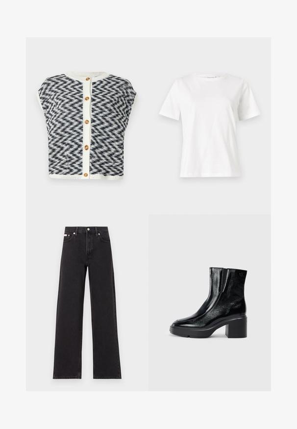 Gilet en tricot avec un motif en chevrons bleu marine et crème. Il présente des manches courtes, un col rond et une fermeture par boutons dorés.; T-shirt en coton blanc à manches courtes, col rond et coupe décontractée. Texture lisse, sans motifs ni accents, design minimaliste.; Jeans noirs à jambes larges en denim, avec une taille haute, une coupe à cinq poches et une fermeture à bouton en métal avec des coutures contrastantes.; Bottines en cuir verni noir avec un bout arrondi, des panneaux latéraux en élastique et un talon épais. Comprend un logo embossé à l'arrière.