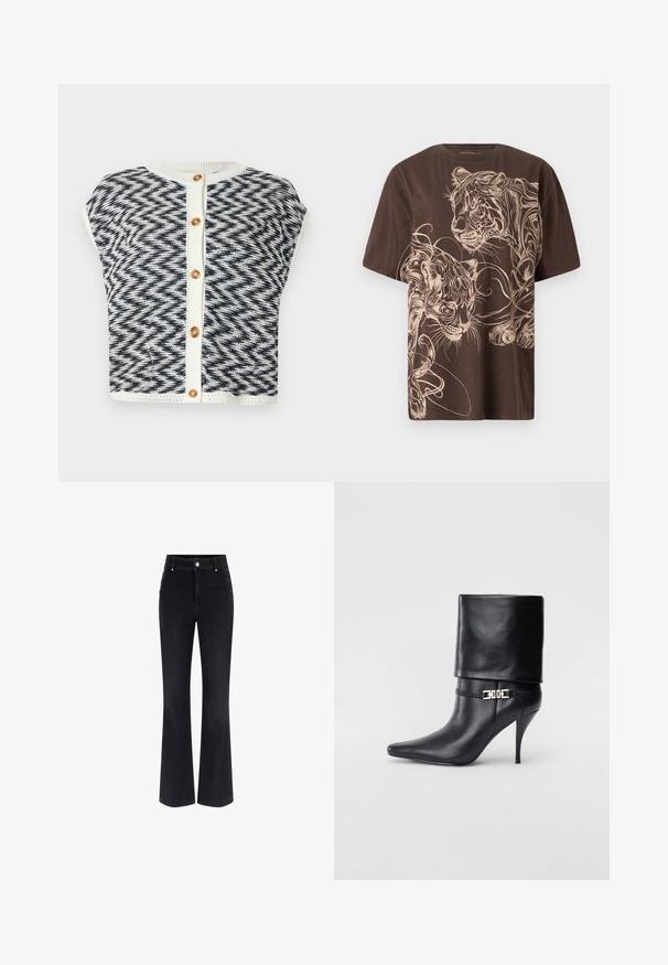 Strickjacke mit Fischgrätmuster in Marineblau und Creme. Verfügt über kurze Ärmel, einen runden Halsausschnitt und einen goldenen Knopfverschluss.; Braunes T-Shirt mit einem detaillierten, cremefarbenen Tiger-Print. Kurzärmlig, runder Hals und weicher, strukturierter Stoff.; Schwarze Jeans aus Denim im Schlagstil mit hoher Taille, fünf Taschen-Design und metallischen Knopfakzenten an den Seiten. Glatte Textur und klassischer Schnitt.; Schwarze Leder-Ankle-Boots mit spitzer Zehenpartie, hohen Stiletto-Absätzen, umgeschlagenem Schaft und einem goldenen dekorativen Schnallen-Detail an der Knöchel.
