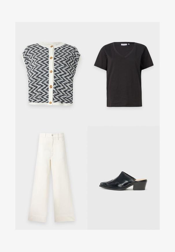 Sweter z dzianiny w wzór chevron w granatowo-kremowych kolorach. Posiada krótkie rękawy, okrągły dekolt oraz zapięcie na złote guziki.; Czarna bawełniana koszulka z dekoltem w serek i krótkimi rękawami. Prosty design o regularnym kroju bez wzorów ani dodatków.; Szerokie spodnie w jasnym beżowym kolorze wykonane z bawełny. Charakteryzują się wysokim stanem, kieszeniami z przodu oraz prostym krojem. Czyste wykończenie brzegów bez wzorów.; Czarne lakierowane mule z ostrym noskiem, zaokrąglonym kształtem i niskim obcasem w kształcie kostki, ozdobione dekoracyjnym przeszyciem wzdłuż cholewki.