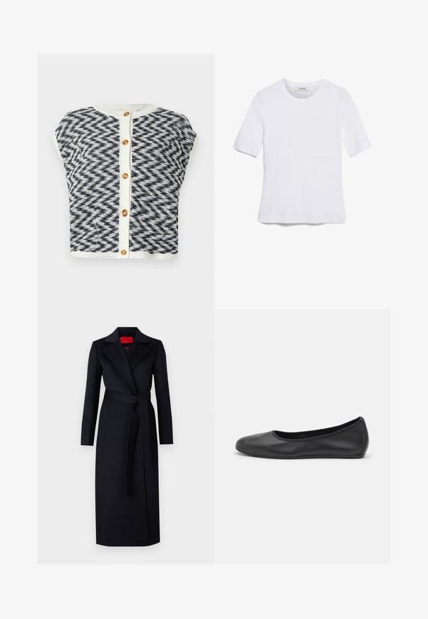 Knitted cardigan with a herringbone pattern in navy and cream. Features short sleeves, a round neckline, and gold button closure.; White short-sleeve t-shirt made of ribbed fabric. Round neckline, regular fit, and subtle stitching details. No patterns or graphics.; Black trench coat with long sleeves, wrap design, and matching belt. Made of smooth fabric, features a notched collar and side pockets.; Black leather ballet flat with a rounded toe, smooth texture, minimal stitching detail, and a flexible sole design.