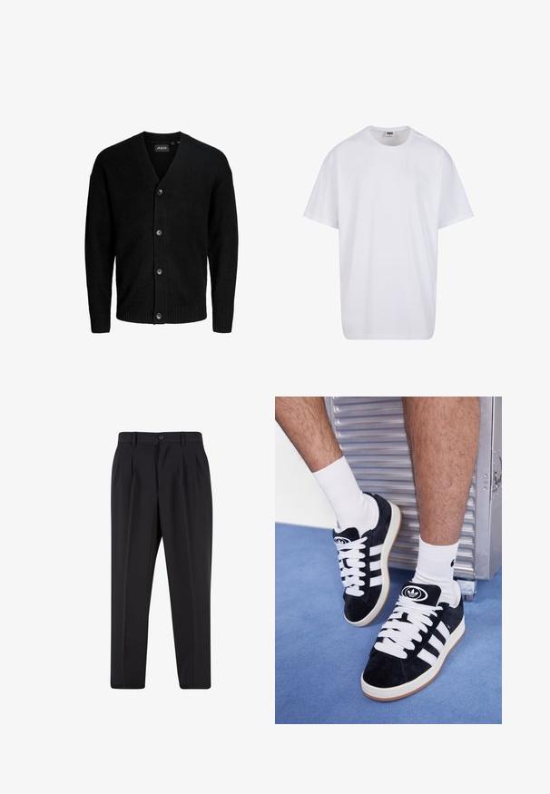 Crna cardigan jakna od mekog materijala, s V-izrezom, šest gumba sprijeda i rebrastim manžetama i rubom. Jednostavan dizajn.; Bijela pamučna majica s kratkim rukavima, zaobljenim izrezom, opuštenog kroja, bez vidljivih logotipa ili uzoraka. Glatka tekstura i minimalni dizajn.; Crne hlače s nabranim prednjim dijelom, izrađene od glatkog materijala. Imaju zatvaranje na gumb i petlje za remen; ravne su krojen.; Crne nubuk tenisice s bijelim vezicama i tri bijele pruge. Imaju kružni crni logo na jeziku i gumeni potplat.