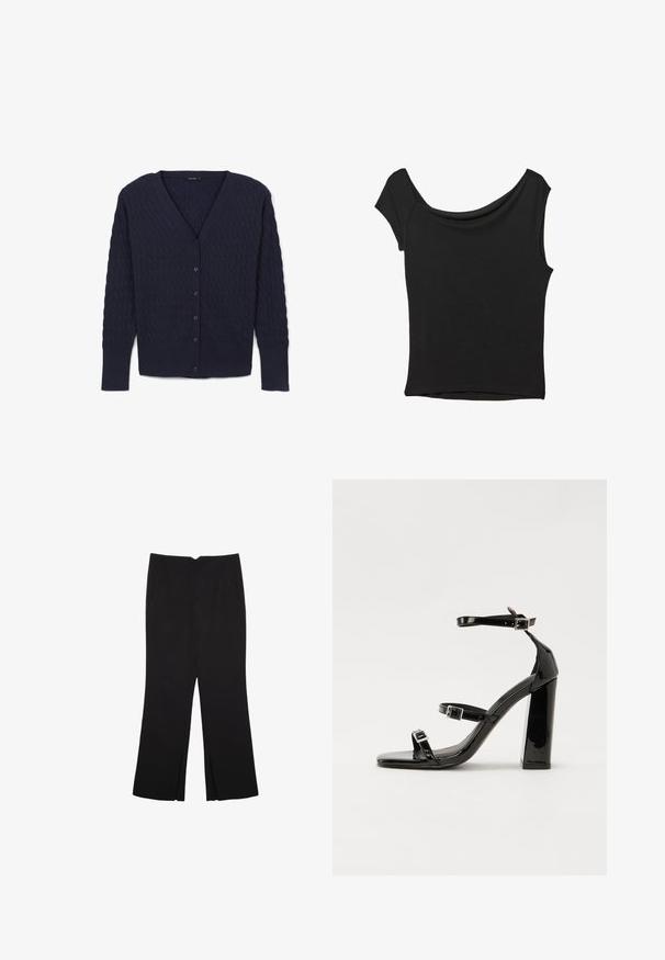Cardigan blu navy con design a V, motivo a maglia testurizzata, maniche lunghe e bottoni coordinati lungo il davanti.; Top nero a maniche corte realizzato in tessuto liscio; presenta un colletto drappeggiato e un orlo asimmetrico, con una vestibilità aderente.; Pantaloni neri a gamba dritta, con tasche frontali e spacchi laterali all'orlo. Realizzati in tessuto morbido e liscio. Adatti a diverse occasioni.; Sandali con tacco in vernice nera, con punta squadrata, cinturini alla caviglia e fibbie in argento. Presentano un tacco a blocco spesso per maggiore stabilità.