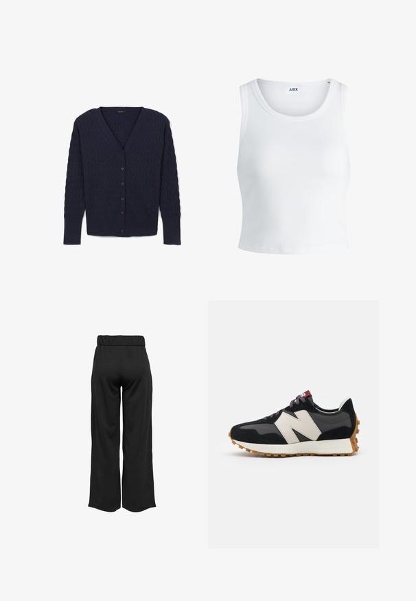 Marineblauer Cardigan mit V-Ausschnitt, strukturiertem Strickmuster, langen Ärmeln und passenden Knöpfen auf der Vorderseite.; Weißes, geripptes Tanktop mit rundem Halsausschnitt, ärmellosem Design und kurzer Länge. Das Etikett trägt die Aufschrift "JJXX". Glatte Stoffstruktur.; Schwarze, weit geschnittene Hose mit elastischem Bund, aus glattem Stoff gefertigt. Hat ein cleanes Design ohne Taschen oder sichtbare Nähte.; Schwarze und graue Wildledersneaker mit einem großen cremefarbenen "N"-Logo, lila Schnürsenkeln und einer strukturierten Gummisohle.