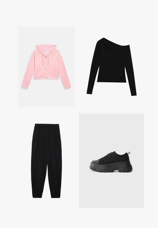 Rozā īsā kapuce, kas izgatavota no mīksta auduma, ar rāvējslēdzēja priekšu, kapuci, mežģīņu akcentiem uz piedurknēm un priekšējo kabatu. Izšūta tekstu detaļa.; Melnā garie piedurknes krekls ar asimetrisku dekoltē un pieguļošu dizainu, izgatavots no mīksta, gluda auduma. Nav redzamu rakstu vai metāla detaļu.; Melnas, vieglas bikses ar elastīgu jostu un savilktiem potītiem. Audums ir gluds un to raksturo brīva, sašaurināta forma.; Melnas kedas ar masīvu gumijas zoli, teksturētu auduma augšdaļu, apaļu purngalu un saistīšanas dizainu. Iekļautas pastiprinātas acs atveres un aizmugurējais cilpiņas siksniņa.