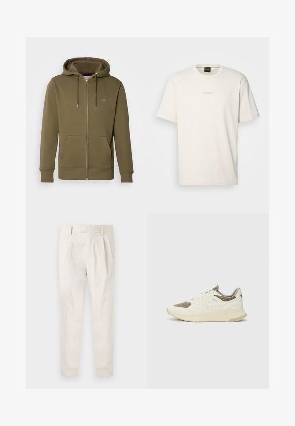 Felpa con cerniera di colore verde oliva realizzata in materiale morbido, dotata di cappuccio regolabile, tasche frontali e un piccolo logo sul petto.; BOSS TEE - T-shirt basic - open white; Pantaloni bianchi plissettati con taglio su misura, caratterizzati da una texture liscia, passanti per la cintura e gambe affusolate. Nessuna tasca o motivo visibile.; Sneaker atletica bianca e beige chiaro, con tomaia in mesh, dettagli perforati e una suola intermedia texturizzata con marchio sul tallone.