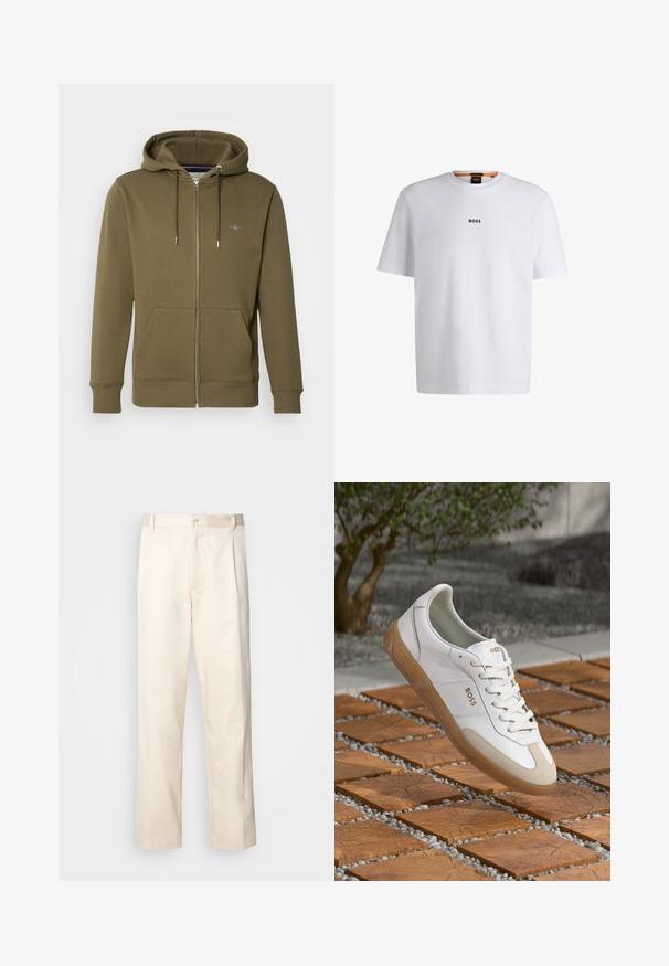 Olivovo zelená mikina na zips vyrobená z mäkkého materiálu, s kapucňou na šnúrku, prednými vreckami a malým logom na hrudi.; Biela bavlnená tričko s krátkymi rukávmi, na prednej strane so stredne umiestneným čiernym logom "BOSS" a okrúhlym výstrihom.; Béžové bavlnené nohavice so strihom rovného nohu, s gombíkovým zapínaním a záhybmi vpredu pre pridanie detailu.; Biele kožené tenisky s béžovými semišovými akcentmi, s okrúhlou špičkou, šnurovaním vpredu a hnedou gumovou podrážkou, so značkou "BOSS."