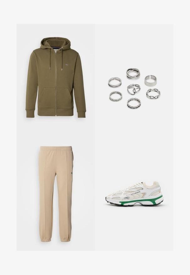 Olijfgroene rits-hoodie gemaakt van zacht materiaal, met een trekkoordcapuchon, voorzakken en een klein logo op de borst.; Witte lange mouw shirt van katoen, met een ronde halslijn, zwart "HUGO" logo op de linkerkant van de borst en een gladde textuur.; Lacoste Trainingsbroek - viennese; Witte sneaker met groene accenten en zwarte rubberen zool. Bevat mesh en synthetische panelen, met een textuurafwerking en zichtbare stiksels.; Set van zeven zilveren ringen met verschillende ontwerpen, waaronder gedraaide, verbonden en gegraveerde patronen. Verschillende vormen en breedtes.