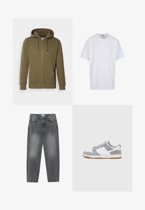 Olivovo zelená mikina na zips vyrobená z mäkkého materiálu, s kapucňou na šnúrku, prednými vreckami a malým logom na hrudi.; Biela bavlnená tričko s krátkymi rukávmi, okrúhlym výstrihom, uvoľneným strihom a žiadnymi viditeľnými logami alebo vzormi. Hladká textúra a minimálny dizajn.; Vysoké, voľné džínsy z vyblednutého čierneho denimu. Obsahujú päť vreciek, pútka na opasok a čistý, rovný strih nohavíc.; Sivé a biele tenisky s vrchom z semišu a kože, zaoblenou špičkou, plochými šnúrkami a gumovou podrážkou s akcentom vo farbe gumy.