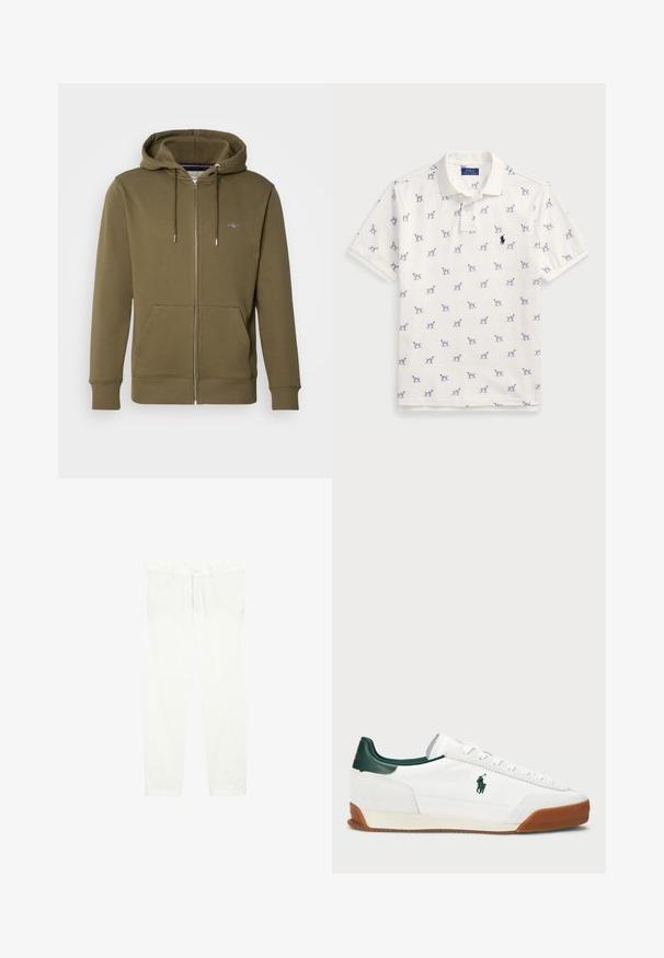 Olivgrön zip-up hoodie gjord av mjukt material, med dragsko på huvan, framfickor och en liten logotyp på bröstet.; Vit polotröja i bomull med ett upprepat blått hundmönster och en liten blå logotyp på bröstet. Korta ärmar och krage.; Vita bomull byxor med rak ben design, med dragkedja och knappstängning fram samt framsidefickor. Slät textur, inga mönster.; Vita sneakers med gröna läderdetaljer och en tan-färgad gummisula. Har en tygkropp och en framträdande logotyp på sidan. Snördesign.