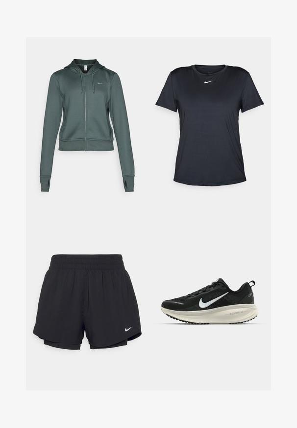 Nike Performance ONE - Sweatjakke - vintage green/white; Svart treningst-skjorte laget av glatt, lett stoff. Har rund hals og korte ermer med en hvit Nike-logo på brystet.; Svarte idrettsshorts med samlet elastisk midje, indre fôr og hvit Nike-logo nederst til venstre. Jevnt, lett stoff.; Svart Nike løpesko med pustende mesh-overdel, hvit swoosh-logo, teksturert detaljer og en kremfarget ZoomX mellomsåle.
