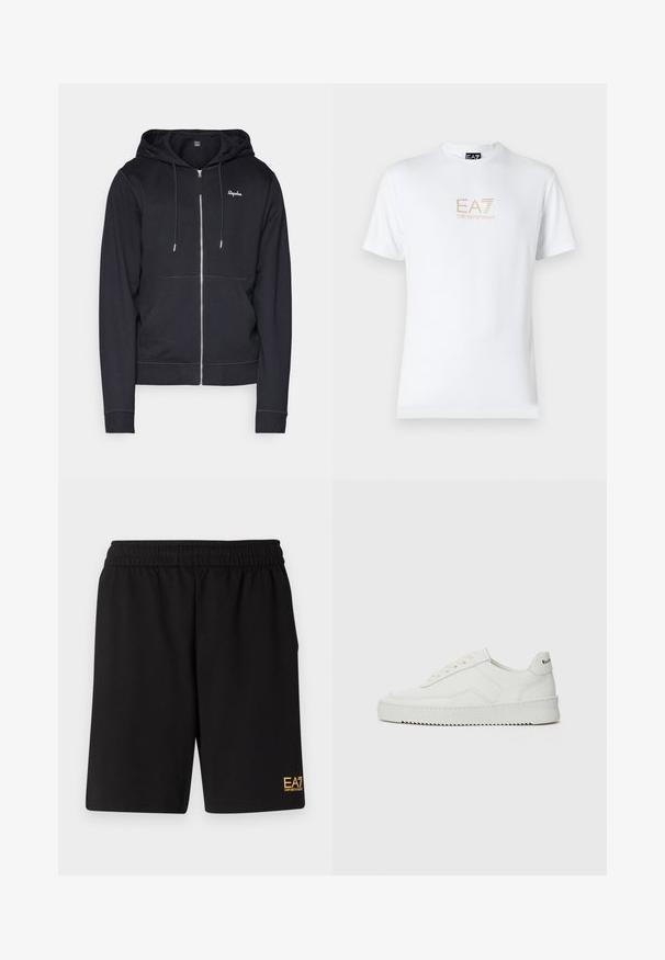 Hanorac cu glugă de culoare bleumarin, fabricat dintr-un material moale, cu fermoar frontal, buzunare tip căprior și cusături contrastante. Logo-ul este brodat pe piept.; Tricou alb din bumbac, cu guler rotund și mâneci scurte, având un logo auriu EA7 Emporio Armani imprimat pe față.; Shorts atletici negri dintr-un material moale, având o talie elastică și un mic logo galben EA7 pe partea inferioară a piciorului stâng.; Sneakers din piele albă cu un finisaj neted, vârf rotund, șireturi plate și o talpă texturată. Prezintă un logo subtil pe călcâi.