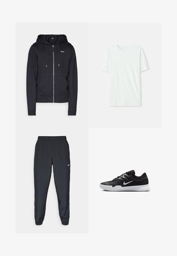 Marinefarbener Kapuzenpullover aus weichem Stoff, mit Reißverschluss vorne, Kängurutaschen und kontrastierenden Nähten. Das Logo ist auf der Brust gestickt.; Helles mintgrünes T-Shirt mit kurzen Ärmeln aus weichem Stoff. Es hat einen Rundhalsausschnitt und einen schlichten, geraden Schnitt ohne Verzierungen.; Schwarze Trainingshose aus einem leichten Stoff mit elastischem Bund, Knöchelabschlüssen und einem dezenten Nike-Logo auf der linken Seite.; Schwarzer Sportschuh mit strukturiertem Obermaterial, weißem Nike-Warenzeichen und einer weißen Gummisohle. Verfügt über ein Schnürdesign und eine dynamische Form.