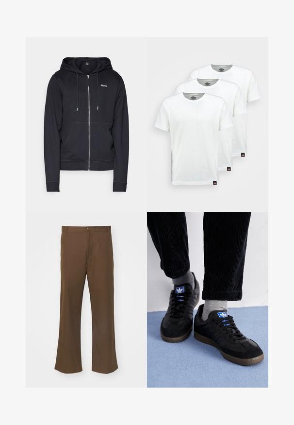 Marinefarbener Kapuzenpullover aus weichem Stoff, mit Reißverschluss vorne, Kängurutaschen und kontrastierenden Nähten. Das Logo ist auf der Brust gestickt.; Drei schlichte weiße Baumwoll-T-Shirts mit kurzen Ärmeln. Jedes Shirt hat einen runden Ausschnitt und ein kleines schwarzes Logotipo auf der linken Seite.; Braune, ausgestellte Hosen aus glattem Stoff mit einem Knopfverschluss, ausgestattet mit Fronttaschen und geraden Nähten entlang der Beine.; Schwarze Sneaker aus Wildleder und Leder, ausgestattet mit einem blauen Logo und einer braunen Gummisohle. Kombiniert mit grauen Socken und Cordhosen.