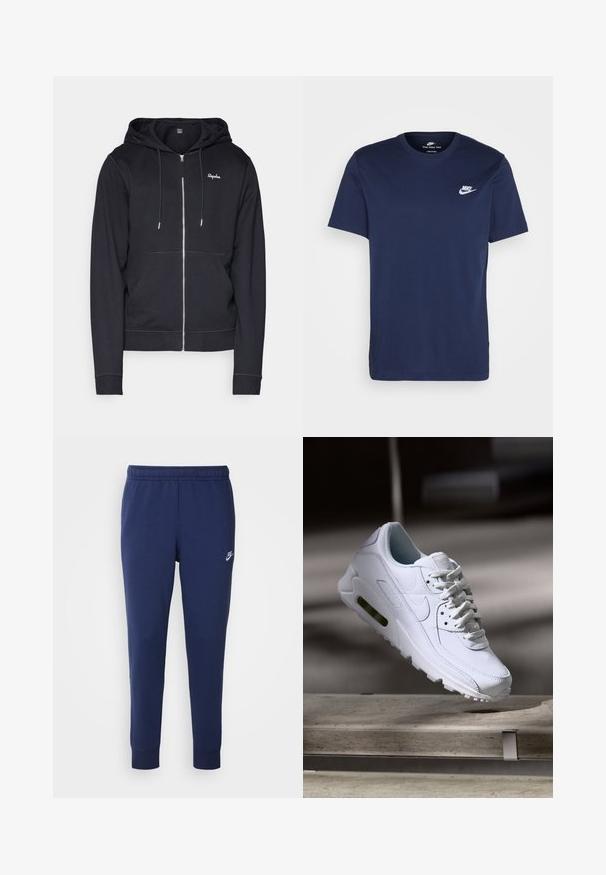 Granatowa bluza z kapturem, wykonana z miękkiego materiału, z zamkiem z przodu, kieszeniami typu kangur oraz kontrastowym wykończeniem szwów. Logo jest haftowane na piersi.; Granatowa bawełniana koszulka z okrągłym dekoltem i krótkimi rękawami. Posiada białe logo Nike na lewej piersi oraz prosty dół.; Granatowe spodnie dresowe Nike z miękkiej mieszanki bawełny, z elastycznym pasem, zwężającymi się nogawkami oraz małym białym logo z boku.; Białe skórzane sneakersy z teksturowanymi powierzchniami, wyściełanym kołnierzem i widoczną poduszką powietrzną w podeszwie. Posiadają sznurówki i minimalistyczny design.