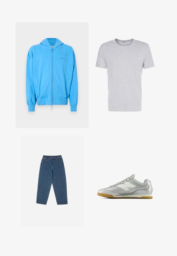 Světlá modrá zipová mikina s kapucí, žebrovanými manžetami a lemem, dvěma předními kapsami a jemně embosovaným logem na hrudi.; Šedé bavlněné tričko s kulatým výstřihem, krátkými rukávy a jednoduchým designem, má měkkou, hladkou texturu a žádné viditelné vzory ani ozdoby.; Modré džíny z denimu s volným střihem, vysokým pasem, pěticí kapsami a akcenty prošití. Mají zapínání na knoflík a zip.; Stříbrná sportovní obuv s hladkým, lesklým povrchem, bílým logem na boku, texturovanými šedými tkaničkami a podešví z gumové pryže.