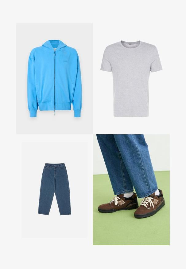Sweatshirt azul brilhante com fecho éclair, capuz, punhos e barra com nervuras, dois bolsos frontais e logotipo em relevo discreto no peito.; T-shirt de algodão cinza com decote redondo, mangas curtas e um design liso, apresentando uma textura suave e macia, sem padrões ou adornos visíveis.; Calças de ganga azul com um corte descontraído, cintura alta, design de cinco bolsos e detalhes em costura. Apresenta um fecho com botão e zíper.; Ténis de camurça castanho com detalhes em preto e um logótipo branco, com atacadores brancos e uma sola de borracha texturizada preta. Usados com calças de ganga azuis.