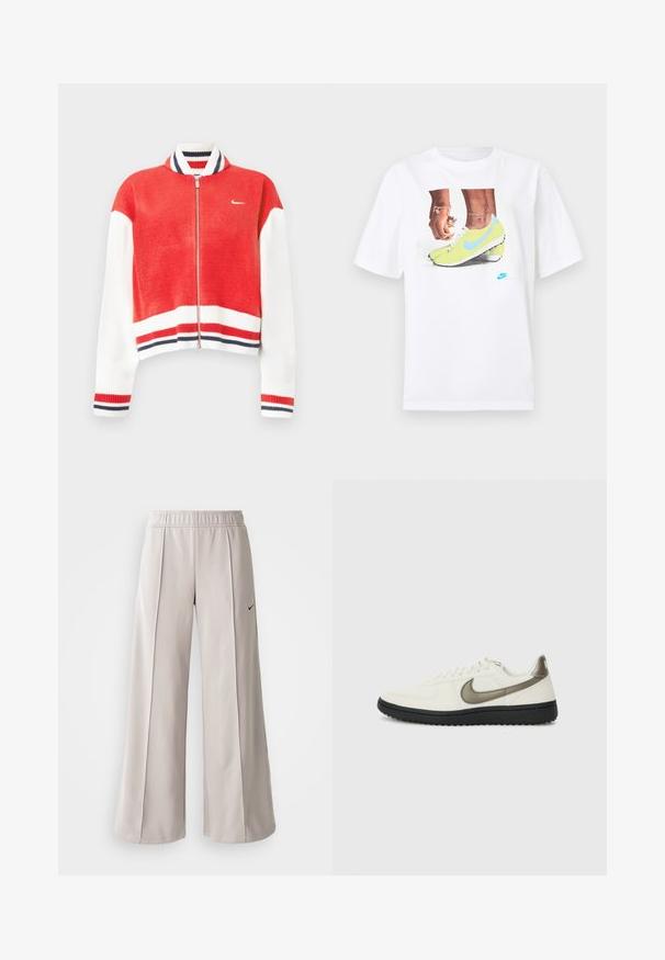 Sweater com fecho de correr vermelho e branco, com gola canelada, riscas contrastantes nas mangas e na bainha inferior, e um pequeno logótipo no peito.; T-shirt branco de algodão com uma gráfica de pés em chuteiras Nike amarelas com detalhes azuis, combinado com uma pulseira no pulso esquerdo.; Calças largas de tom cinza claro feitas de tecido suave. Apresentam uma cintura elástica e o logo da Nike em preto no lado esquerdo.; Nike Sportswear FIELD GENERAL - Sapatilhas - off-white/black