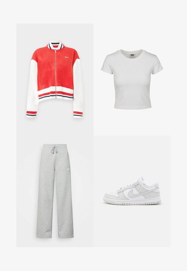 Rdeč in bel pulover z zadrgo, z rebrastim ovratnikom, kontrastnimi črtami na rokavih in spodnjem robu ter majhnim logotipom na prsih.; Bela bombažna majica s klasičnim okroglim ovratnikom, kratkimi rokavi in prilegajočim se krojem. Ni vidnih vzorcev ali dodatkov.; Sive hlače iz trenirke z elastičnim pasom, detajlom na vezanje in majhnim belim logotipom Nike na levem stegnu. Mehak material, ohlapen kroj.; Bela usnjena športna obutev z sivo-nitastimi detajli, perforiranim prstom, ravnimi vezalkami, oblazinjeno ovratnikom in teksturirano gumijasto podplatom.