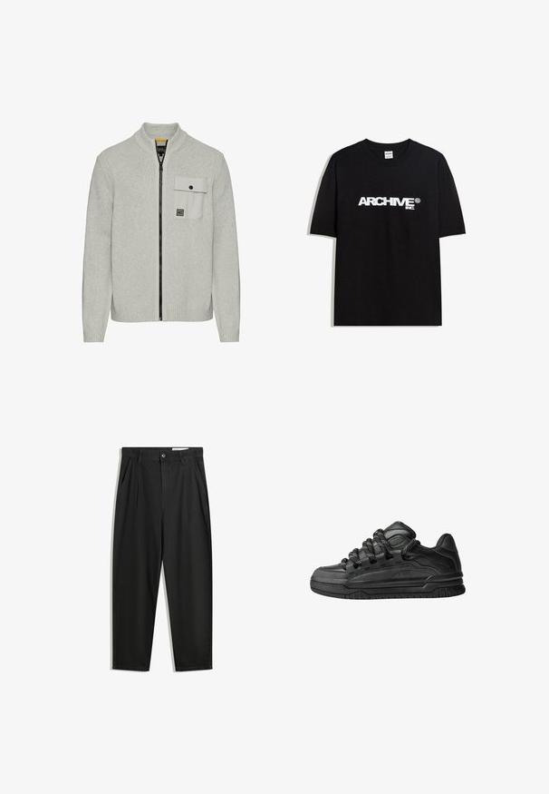 Jasnoszara rozpinana bluza z wysokim kołnierzem, teksturowana dzianina i kieszeń na piersi z zapięciem na zatrzask oraz kontrastowymi akcentami.; Czarny bawełniany T-shirt z białym logo "ARCHIVE inc." na piersi, z krótkimi rękawami i okrągłym dekoltem.; Czarne bawełniane spodnie o luźnym kroju, z klasycznym pasem, przednimi plisy oraz bocznymi kieszeniami. Gładka struktura, bez wzorów.; Czarne sneakersy z gładką skórzaną cholewką, teksturowanymi akcentami i okrągłymi czarno-białymi sznurowadłami. Gruba gumowa podeszwa z wzorzystym bieżnikiem.