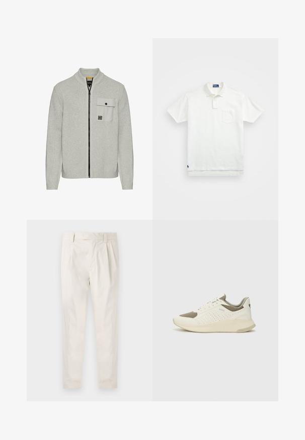 Lichtgrijze ritstruien met hoge kraag, textuur gebreide stof en een borstzak met drukknopen en contrasterende accenten.; Witte poloshirt van katoen, met een klassieke kraag, een knoopsluiting met drie knopen en een borstzak aan de linkerkant; klein logo aan de onderrand.; Witte, geplooide broeken met een getailleerde pasvorm, met een gladde textuur, riemlussen en taps toelopende benen. Geen zichtbare zakken of patronen.; Witte en lichtbeige sport sneaker, met een bovenwerk van mesh, geperforeerde details en een gestructureerde tussenzool met branding op de hiel.
