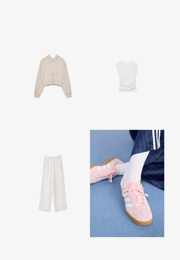 Beige cropped hoodie with a zip front, drawstrings, and two large front pockets. Features long, relaxed sleeves and ribbed cuffs.; White short-sleeve top with a round neckline. Features gathered texture along the sides and a fitted silhouette, made from soft, stretchy material.; White wide-leg trousers made from a lightweight fabric. Features an elastic waistband with a drawstring and side pockets. Smooth texture.; Light pink suede sneakers with white stripes and laces, featuring a textured tongue and a gum sole, placed on a blue carpet.
