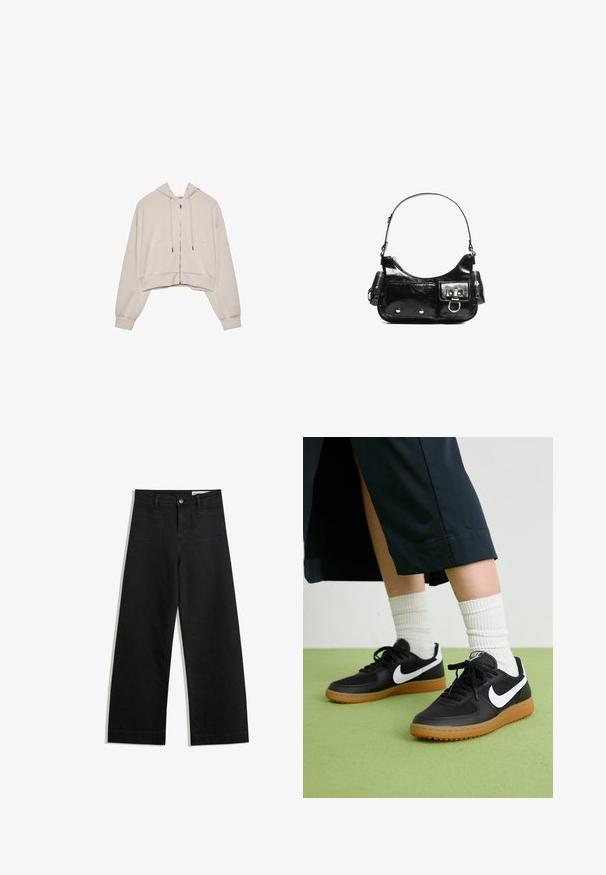 Felpa cropped beige con zip frontale, coulisse e due grandi tasche frontali. Presenta maniche lunghe e rilassate con polsini a coste.; T-shirt bianco a maniche corte e girocollo, realizzato in cotone morbido, con un design semplice e pulito, privo di motivi o dettagli visibili.; Pantaloni in denim neri a gamba larga con vita alta, dotati di tasche anteriori e posteriori, cuciture a punto, e chiusura con bottone. Texture liscia.; Sneaker in pelle nera e sintetica con logo Nike bianco, suola in gomma, punta rotonda e lacci neri. Calze bianche a righe visibili.; Borsa a spalla in vernice nera con forma curvata, una tracolla, tasche frontali e dettagli in metallo argentato.