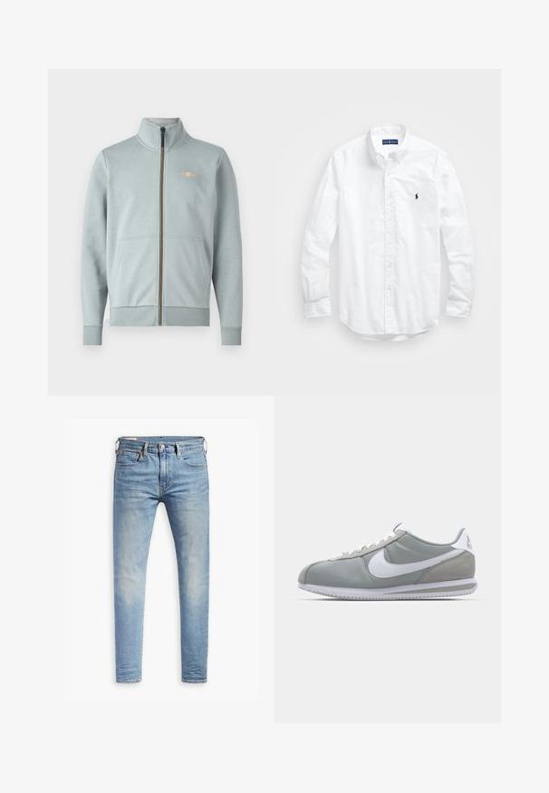 Svijetloplava zip-up dukserica s visokim ovratnikom, prednjim džepovima, rebrastim manžetama i rubom, s malim žutim logotipom i glatkom teksturom.; Bijela košulja dugih rukava s gumbima izrađena od pamuka. Ima klasični ovratnik, gumbaste manžete i mali brodasti logo u tamnoplavoj boji na prsima.; Svijetloplave uske traperice s laganim izblijedjenjem na bedrima, prednje kopčanje na dugme, petlje za remen i pet džepova na bijeloj pozadini.; Sive sportske tenisice s gornjim dijelom od antilopa i tekstila, bijelim Nike swooshom i bijelim vezicama. Imaju teksturirani gumeni đon i podstavljeni ovratnik.