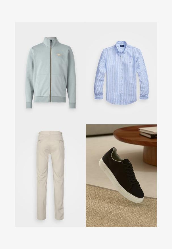 Svijetloplava zip-up dukserica s visokim ovratnikom, prednjim džepovima, rebrastim manžetama i rubom, s malim žutim logotipom i glatkom teksturom.; Plava i bijela prugasta košulja dugih rukava od pamuka, s ovratnikom na dugmad, prednjim dugmadi i malim izvezenim logom na prsima.; Bež hlače s glatkom teksturom, ravnog kroja, dva stražnja džepa s gumbima i standardnim pojasom.; Crna tenisica s bijelim potplatom koja lebdi iznad bež teksturiranog tepiha pored okruglog drvenog stola sa složenim knjigama.