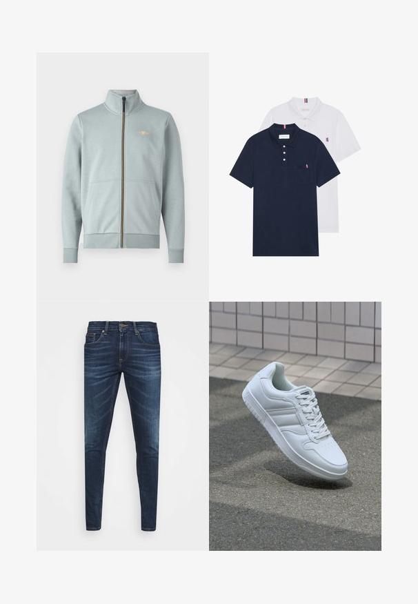 Lyseblå zip-up hettegenser med høy krage, frontlommer, ribbede mansjetter og hem, med en liten gul logo og jevn tekstur.; To polo skjorter: en marineblå og en hvit, begge med en liten rød, hvit og blå aksent på brystlommen og kragen.; Mørkeblå denimjeans med smal passform, subtil falming, fem lommer og metallknaplukking. Sømmer i kontrastfarge.; Hvit atletisk sneaker med glatt skinnoverside, snøring foran, perforert tå og mønstrets såle. Minimalistisk design med tre side-striper.