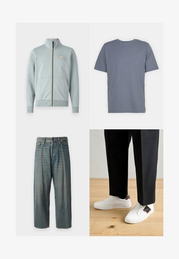Light blue zip-up sweatshirt with high collar, front pockets, ribbed cuffs and hem, featuring a small yellow logo and smooth texture.; Gray short-sleeve T-shirt with a round neck, made of soft cotton blend fabric. Simple design, no patterns or accents.; Light blue denim jeans with a loose fit, mid-rise waist, and straight legs. Features five pockets, belt loops, and a button closure.; White sneakers with smooth texture, featuring brown leather accents and black detailing, paired with black tailored pants. Wooden floor background.