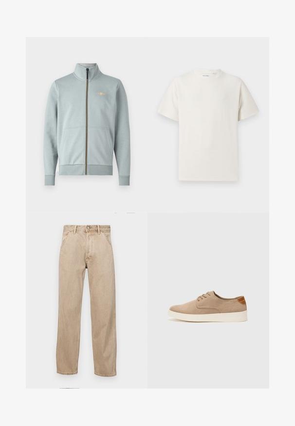 Svijetlo plava zip-up majica s visokim ovratnikom, prednjim džepovima, rebrastim rukavima i donjim rubom, s malim žutim logom i glatkom teksturom.; Bela majica s kratkimi rokavi iz rebraste tkanine. Okrogli izrez, sproščen kroj, brez vidnih vzorcev ali naglasov. Preprosta in vsestranska zasnova.; Beige jeans iz džinsa s ravnim nogavicama, ki imajo sprednje žepe, kovinsko zapiranje in subtilno teksturo.; Bež tkanine usnjene superge z zaobljenim nosom, vezalkami na sprednji strani in teksturiranim zadnjim detajlom. Belo gumijasto podplato zagotavlja kontrast. Enostaven in sodoben dizajn.