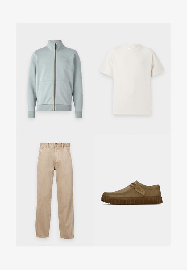Svijetloplava zip-up dukserica s visokim ovratnikom, prednjim džepovima, rebrastim manžetama i rubom, s malim žutim logotipom i glatkom teksturom.; Bijela kratka majica s kratkim rukavima u rebrastoj teksturi. Okrugli izrez, ležeran kroj, bez vidljivih uzoraka ili akcenta. Jednostavan i svestran dizajn.; Bež teksas traperice ravnog kroja, s prednjim džepovima, metalnim zakopčavanjem i suptilnom teksturom.; Svijetlosmeđi nubuk cipele s okruglim vrhom, šavovima detaljima i rebrastom smeškom gumom. Ima bočnu oznaku s "Clarks" logotipom.
