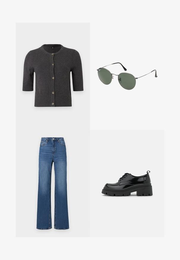 Cardigan en tricot gris foncé, avec un col rond, des manches courtes, des poignets côtelés et une fermeture à boutons sur le devant avec des boutons contrastants.; Chemise en denim bleu foncé, avec un col, des manches longues, deux poches poitrine et des détails de coutures contrastés.; Jean bleu taille haute et ample en denim, avec un design classique à cinq poches et un léger délavage le long des jambes.; Chaussures en cuir patiné noir avec une semelle épaisse et chunky, dotées de lacets épais. Embout arrondi, détails minimaux et un petit tirant à l'arrière.; Lunettes de soleil en métal avec des verres ovales verts. Monture en métal argenté mince et embouts d'oreille noirs. Design minimaliste, sans logos visibles.