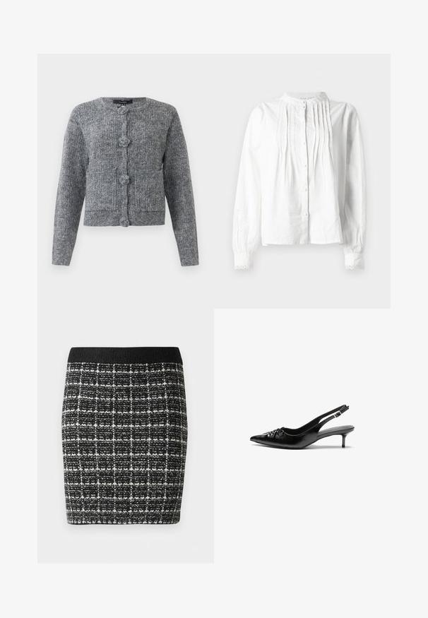Szary sweter z teksturowanym splotem, z długimi rękawami i czterema dużymi ozdobnymi guzikami z przodu.; Biała bluzka z długim rękawem i stójką, z pionowymi plisami na przodzie, zapięciem na guziki oraz koronkowymi mankietami.; Czarna i biała spódnica w kratę z teksturowanej tkaniny, z czarnym pasem w talii i dopasowanym krojem.; Czarne skórzane szpilki na ramiączku z ostrym noskiem, małym słupkiem i ozdobnym węzłem z przodu. Gładka faktura na całej powierzchni.
