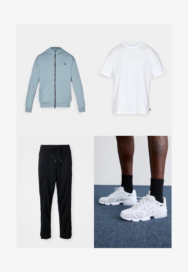 Gaiši zila jaku ar rāvējslēdzēju, kas izgatavota no mīksta auduma, ar kenguru kabatu, melnu logotipu uz krūtīm un ribotām piedurknēm un apakšmalu.; Balts kokvilnas T-krekls ar īsām piedurknēm un apaļu kakla izgriezumu. Uz krūtīm ir maza, diskrēta Nike logo un sānu birka.; Melnas bikses ar aukliņu jostas vietā, ar sānu kabatām un taisnu kāju griezumu uz vienkrāsaina fona.; Baltie sporta apavi ar sietiņu augšdaļu, rakstainiem akcentiem un mīkstu zoli. Apvienoti ar melniem ribotām potīšu zeķēm uz zilas paklāja virsmas.