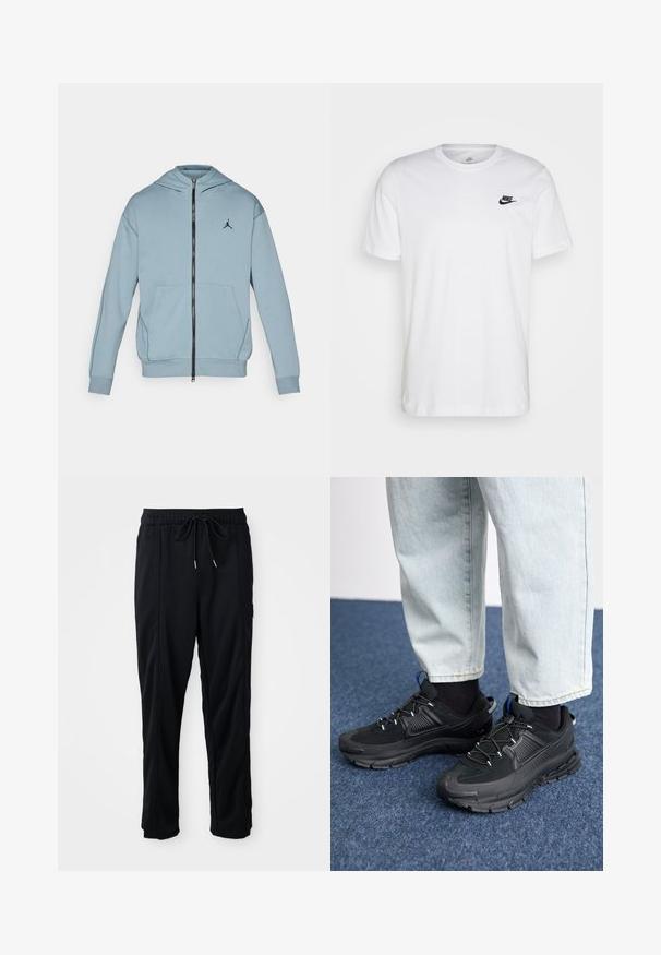 Sweatshirt de fecho éclair azul claro feito de tecido suave, com um bolso canguru, logotipo preto no peito, e punhos e bainha canelados.; Camiseta branca de algodão com gola redonda, mangas curtas e um logótipo preto da Nike no lado esquerdo do peito. Design simples de cor sólida.; Calças casuais pretas com cordão na cintura, com bolsos laterais e corte reto, sobre um fundo simples.; Sapatilhas desportivas pretas com tecido texturizado e solas em borracha, apresentando atacadores elásticos e um detalhe azul no calcanhar. Usadas com calças de ganga claras.