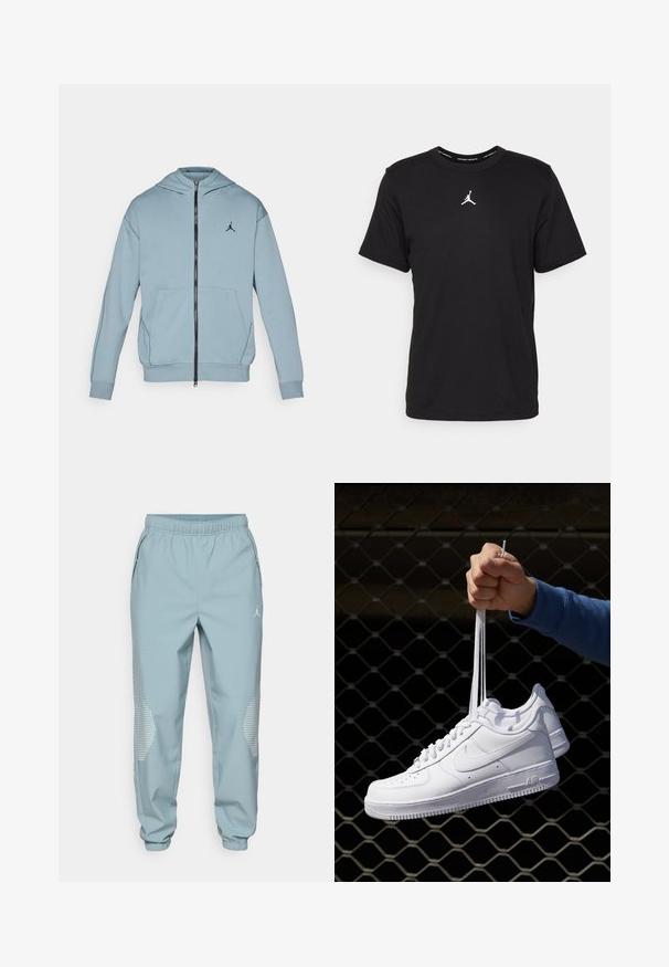 Felpa leggera azzurro chiaro con zip, realizzata in tessuto morbido, dotata di tasca a marsupio, logo nero sul petto e polsini e orlo a coste.; T-shirt in cotone nero con maniche corte, collo rotondo, presenta un logo Jumpman bianco al centro del petto e una texture liscia e leggera.; Pantaloni da jogging sportivi azzurri con cintura elastica, tasche laterali e dettagli riflettenti a pois sulle gambe.; Sneakers in pelle bianca con perforazioni, punta rotonda, suola piatta e lacci spessi, con logo swoosh visibile e "AIR" sul tallone.