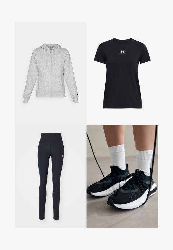 Grå dragkedjetröja i mjukt tyg, med en logotyp på vänster bröst, huva med snörning och framfickor. Klassisk passform med ribbad muddar.; Svart kortärmad T-shirt i bomull. Har en rund halsringning och en vit Under Armour-logotyp på bröstet. Enkel, enfärgad design.; Svarta atletiska tights i stretchigt material, med hög midja, sidofickor och en liten logotyp på underbenet.; Svarta sportskor med texturerat tyg, vit sula och svarta snören. Bärs med vita reglerade strumpor, stående på en ljus yta.